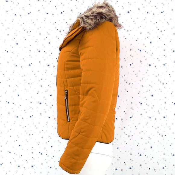 Removable Faux Fur Collar Puffer Jacket Mustard - Picture 4 of 7